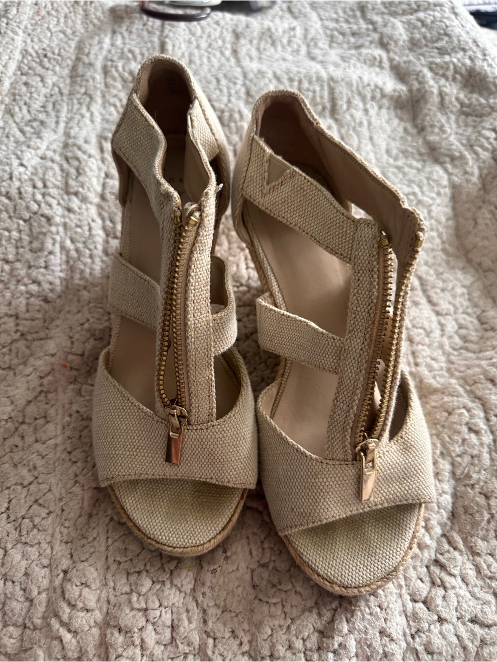 a new day Cream Espadrille Wedge Sandals with Front Gold Zipper